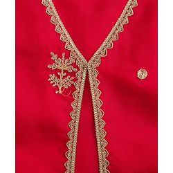 Pine Kids Woven Sleeveless Kurti Palazzo Set With Floral Embroidery & Dupatta - Red