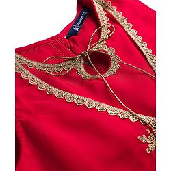 Pine Kids Woven Sleeveless Kurti Palazzo Set With Floral Embroidery & Dupatta - Red