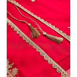 Pine Kids Woven Sleeveless Kurti Palazzo Set With Floral Embroidery & Dupatta - Red