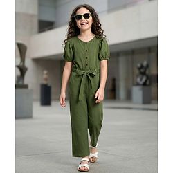 Pine Kids Cotton Knit Half Puffed Sleeves Solid Colour Full Length Jumpsuit - Dark Green
