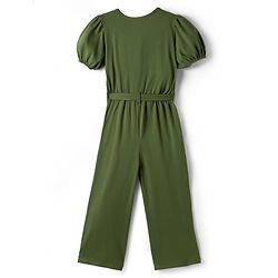 Pine Kids Cotton Knit Half Puffed Sleeves Solid Colour Full Length Jumpsuit - Dark Green