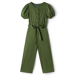 Pine Kids Cotton Knit Half Puffed Sleeves Solid Colour Full Length Jumpsuit - Dark Green