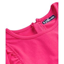 Pine Kids Cotton Knit Half Puffed Sleeves Solid Colour Full Length Jumpsuit with Frill Detailing - Dark Pink