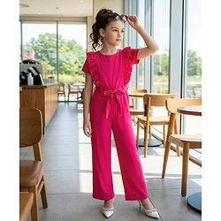 Pine Kids Cotton Knit Half Puffed Sleeves Solid Colour Full Length Jumpsuit with Frill Detailing - Dark Pink