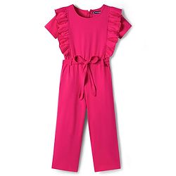 Pine Kids Cotton Knit Half Puffed Sleeves Solid Colour Full Length Jumpsuit with Frill Detailing - Dark Pink