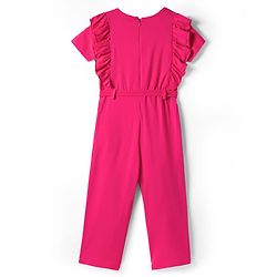 Pine Kids Cotton Knit Half Puffed Sleeves Solid Colour Full Length Jumpsuit with Frill Detailing - Dark Pink