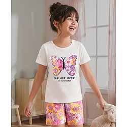 Pine Kids Single Jersey Knit Half Sleeves T-Shirt & Shorts Night Suit with Floral & Butterfly Print - Lilac & White