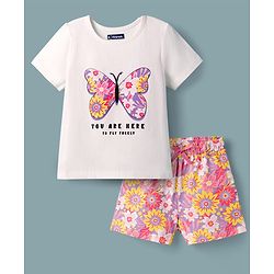 Pine Kids Single Jersey Knit Half Sleeves T-Shirt & Shorts Night Suit with Floral & Butterfly Print - Lilac & White