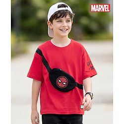 Pine Kids Marvel Terry Knit Drop Shoulder Half Sleeves T-Shirt With Functional Bag Applique - Red