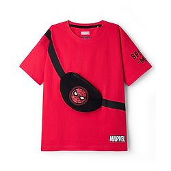 Pine Kids Marvel Terry Knit Drop Shoulder Half Sleeves T-Shirt With Functional Bag Applique - Red