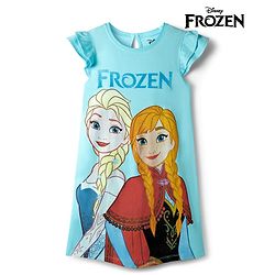 Pine Kids Disney Single Jersey Knit Frill Sleeves Nighty With Elsa & Anna Graphics - Light Blue