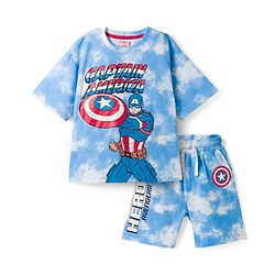 Pine Kids Marvel Single Jersey Knit Half Sleeves T-Shirt & Shorts Set With Captain America Graphics - Multicolor