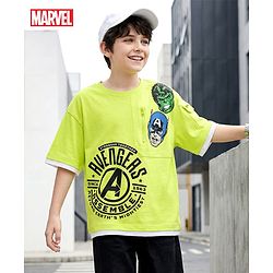 Pine Kids Marvel Terry Knit Oversized Drop Shoulder Half Sleeves T-Shirt with Avengers Graphics - Limegreen