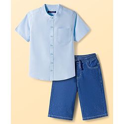 Pine Kids Cotton Woven Half Sleeves Solid Shirt & Denim Shorts Set - Blue