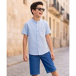 Pine Kids Cotton Woven Half Sleeves Solid Shirt & Denim Shorts Set - Blue