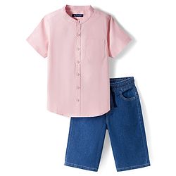 Pine Kids Cotton Woven Half Sleeves Solid Color Shirt & Denim Shorts Set - Peach & Blue