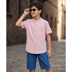 Pine Kids Cotton Woven Half Sleeves Solid Color Shirt & Denim Shorts Set - Peach & Blue