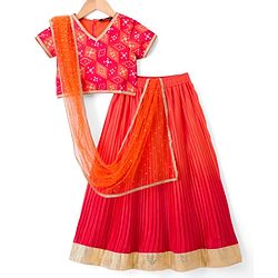 Pine Kids Woven Half Sleeves Printed Choli Lehenga Set with Dupatta - Multicolor