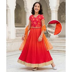 Pine Kids Woven Half Sleeves Printed Choli Lehenga Set with Dupatta - Multicolor
