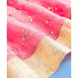 Pine Kids Woven Half Sleeves Choli Lehenga Set with Dupatta & Rhinestone Detailing - Pink