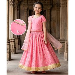 Pine Kids Woven Half Sleeves Choli Lehenga Set with Dupatta & Rhinestone Detailing - Pink