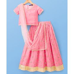 Pine Kids Woven Half Sleeves Choli Lehenga Set with Dupatta & Rhinestone Detailing - Pink