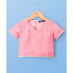 Pine Kids Woven Half Sleeves Choli Lehenga Set with Dupatta & Rhinestone Detailing - Pink