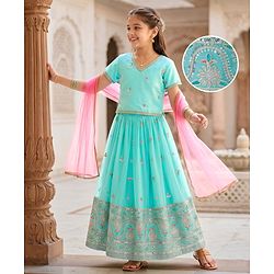 Pine Kids Woven Half Sleeves Choli Lehenga Set with Dupatta Embroidery & Sequin Detailing - Teal Blue