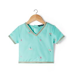 Pine Kids Woven Half Sleeves Choli Lehenga Set with Dupatta Embroidery & Sequin Detailing - Teal Blue