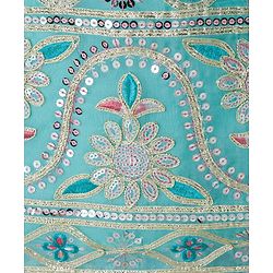 Pine Kids Woven Half Sleeves Choli Lehenga Set with Dupatta Embroidery & Sequin Detailing - Teal Blue