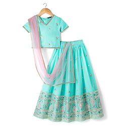 Pine Kids Woven Half Sleeves Choli Lehenga Set with Dupatta Embroidery & Sequin Detailing - Teal Blue