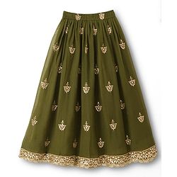 Pine Kids Woven Half Sleeves Lehenga Choli Set With Floral Embroidery & Sequin Detailing & Dupatta - Olive Green