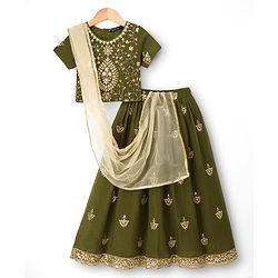 Pine Kids Woven Half Sleeves Lehenga Choli Set With Floral Embroidery & Sequin Detailing & Dupatta - Olive Green