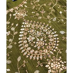 Pine Kids Woven Half Sleeves Lehenga Choli Set With Floral Embroidery & Sequin Detailing & Dupatta - Olive Green