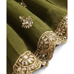 Pine Kids Woven Half Sleeves Lehenga Choli Set With Floral Embroidery & Sequin Detailing & Dupatta - Olive Green