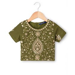 Pine Kids Woven Half Sleeves Lehenga Choli Set With Floral Embroidery & Sequin Detailing & Dupatta - Olive Green