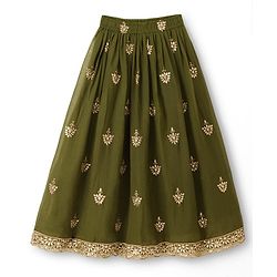 Pine Kids Woven Half Sleeves Lehenga Choli Set With Floral Embroidery & Sequin Detailing & Dupatta - Olive Green