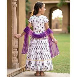 Pine Kids Woven Half Sleeves Floral Printed Choli Lehenga Set with Duapatta - White