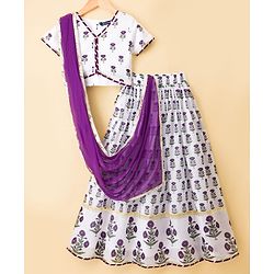 Pine Kids Woven Half Sleeves Floral Printed Choli Lehenga Set with Duapatta - White