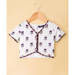 Pine Kids Woven Half Sleeves Floral Printed Choli Lehenga Set with Duapatta - White