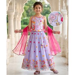Pine Kids Woven Sleeveless Choli Lehenga Set with Dupatta Embroidery & Sequin Detailing - Lilac
