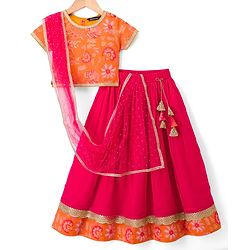 Pine Kids Woven Half Sleeves Floral Printed Choli Lehenga Set with Dupatta & Sequin Detailing - Orange & Pink
