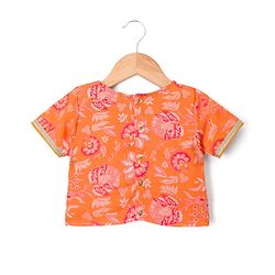 Pine Kids Woven Half Sleeves Floral Printed Choli Lehenga Set with Dupatta & Sequin Detailing - Orange & Pink