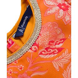 Pine Kids Woven Half Sleeves Floral Printed Choli Lehenga Set with Dupatta & Sequin Detailing - Orange & Pink