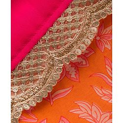 Pine Kids Woven Half Sleeves Floral Printed Choli Lehenga Set with Dupatta & Sequin Detailing - Orange & Pink