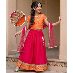 Pine Kids Woven Half Sleeves Floral Printed Choli Lehenga Set with Dupatta & Sequin Detailing - Orange & Pink