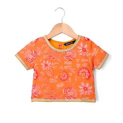 Pine Kids Woven Half Sleeves Floral Printed Choli Lehenga Set with Dupatta & Sequin Detailing - Orange & Pink