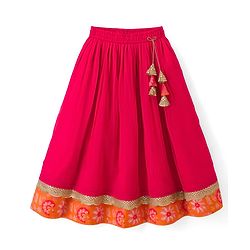 Pine Kids Woven Half Sleeves Floral Printed Choli Lehenga Set with Dupatta & Sequin Detailing - Orange & Pink