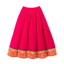 Pine Kids Woven Half Sleeves Floral Printed Choli Lehenga Set with Dupatta & Sequin Detailing - Orange & Pink