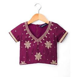 Pine Kids Woven Half Sleeves Embroidered Choli Lehenga Set With Dupatta - Multicolour